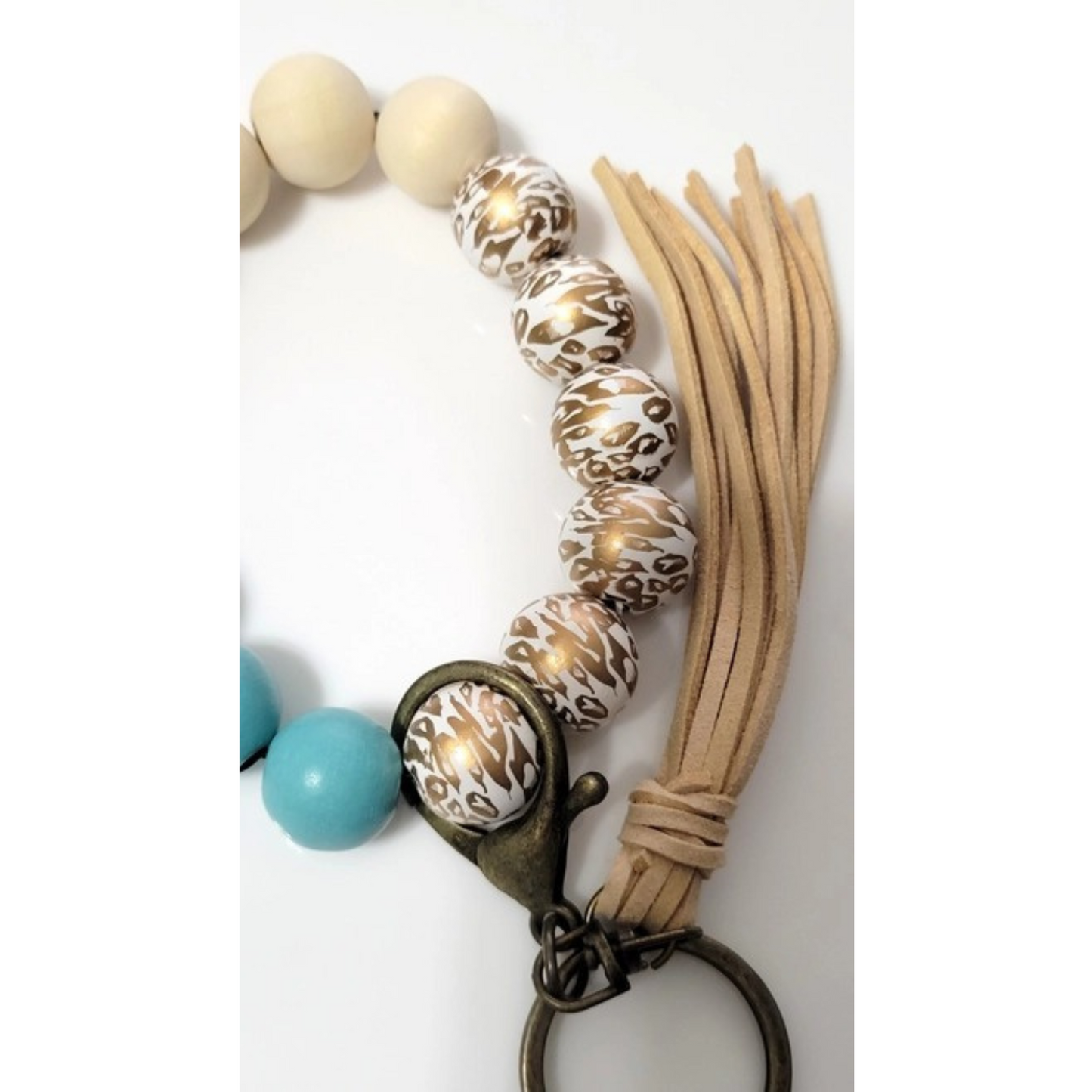 Gold Leopard & Teal Wood Bead Wristlet w/ Tassel