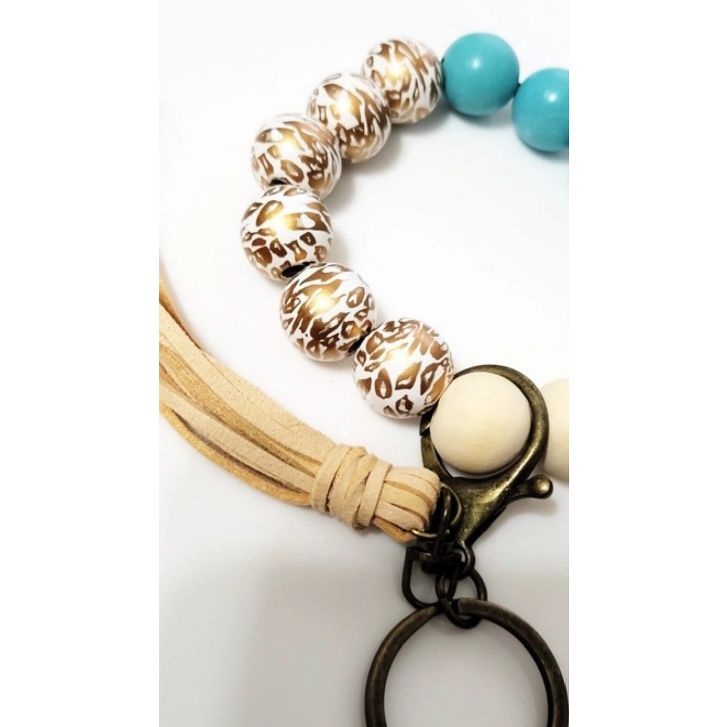 Gold Leopard & Teal Wood Bead Wristlet w/ Tassel