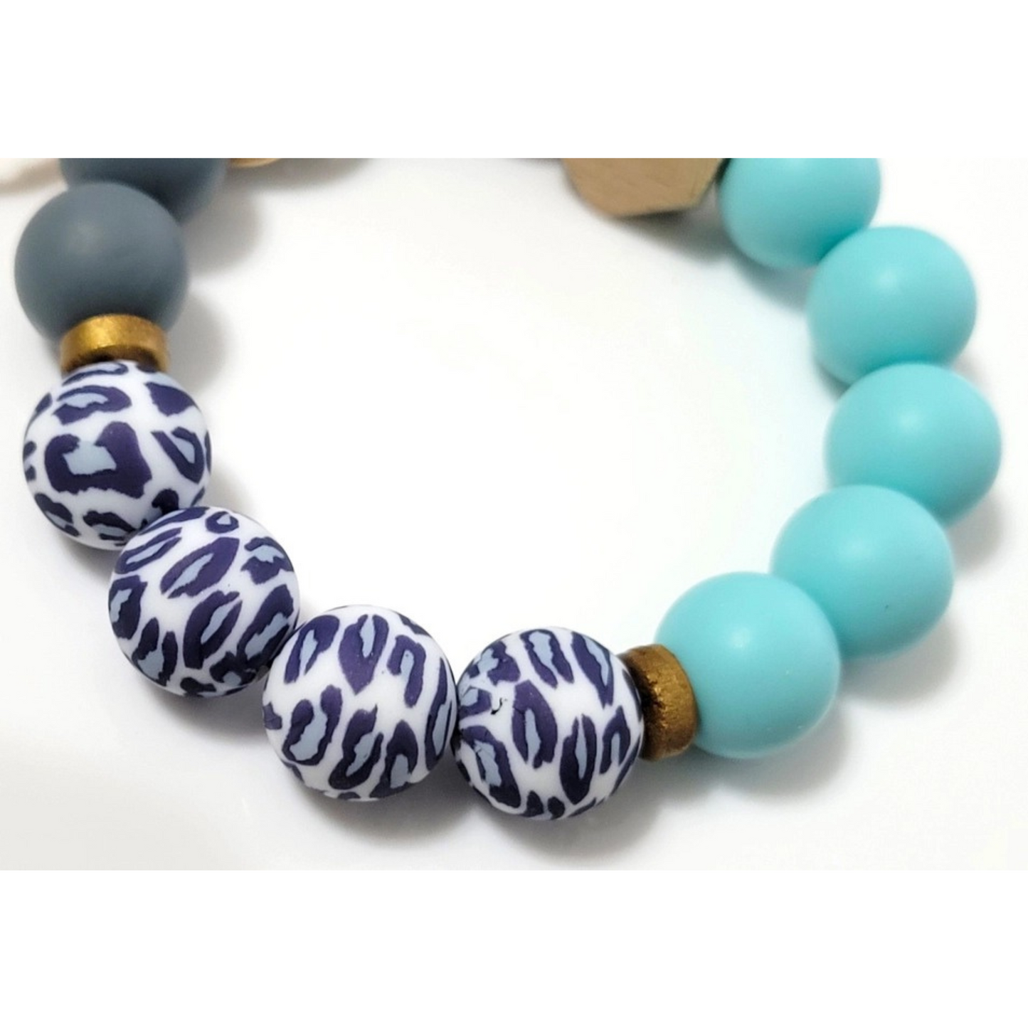 Gray Leopard & Teal Silicone Bead Wristlet w/ Tassel