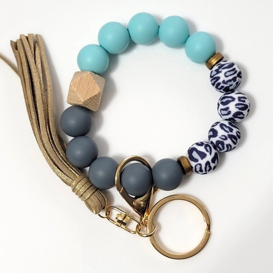 Gray Leopard & Teal Silicone Bead Wristlet w/ Tassel