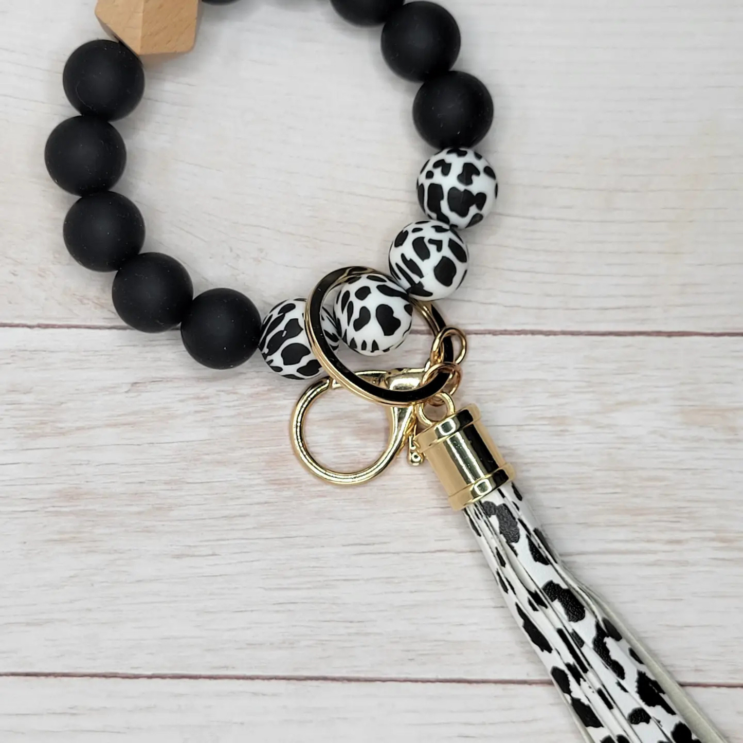 Cow Silicone Wristlet Keychain with Black Tassel