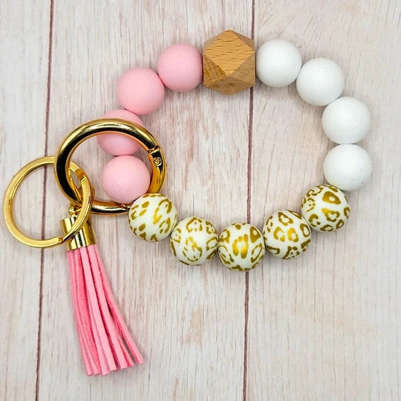 Gold Leopard, Pink and White Silicone Wristlet Keychain